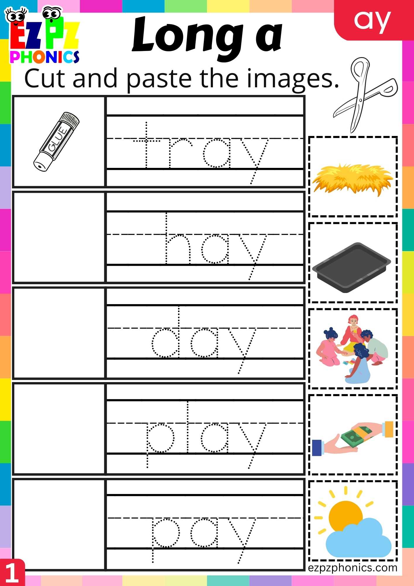 Group1 AY Words Cut And Paste The Images Long A Phonics Worksheet